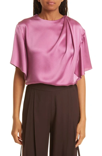 Vince Flutter Sleeve Drape Silk Top In Camelia