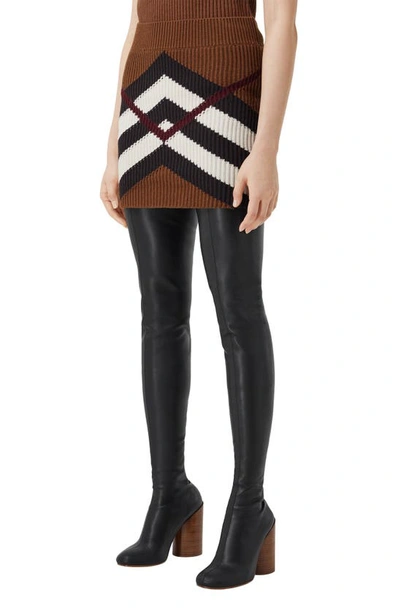 Shop Burberry Kiri Kissing Check Cotton & Cashmere Rib Miniskirt In Dark Birch Brown