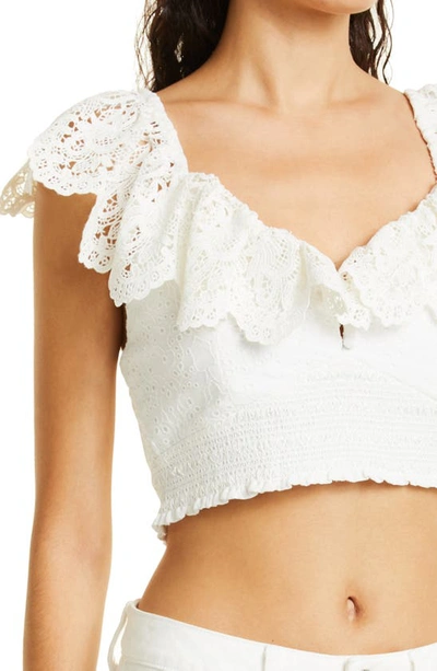 Shop Alice And Olivia Bleeker Crochet Ruffle Crop Top In Off White