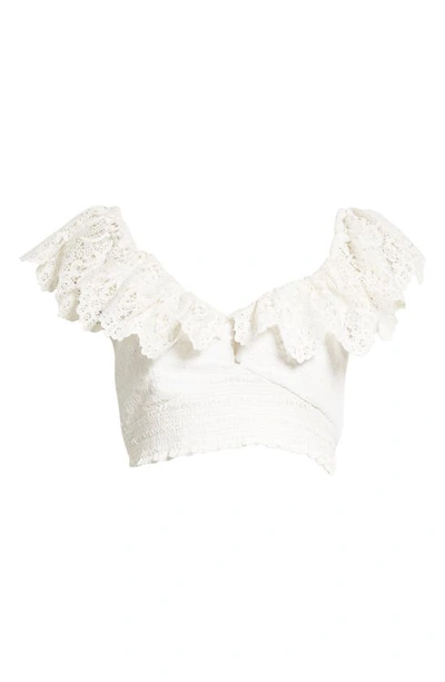 Shop Alice And Olivia Bleeker Crochet Ruffle Crop Top In Off White