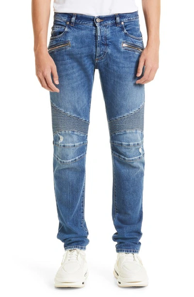 Shop Balmain Moto Tapered Jeans In Blue