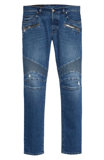 Shop Balmain Moto Tapered Jeans In Blue