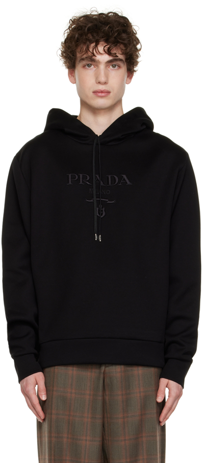 Shop Prada Black Ricamo Hoodie In Nero+nero