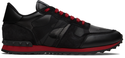 Shop Valentino Black Rockrunner Sneakers In 43k Nero/rosso V