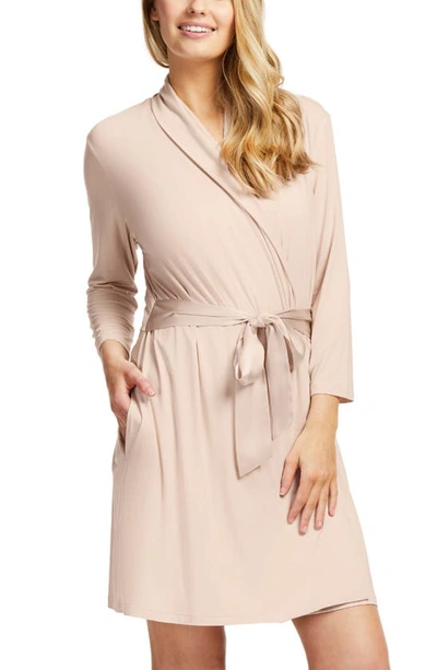 Shop Fleur't Iconic Short Knit Robe With Satin Tie In Champagne