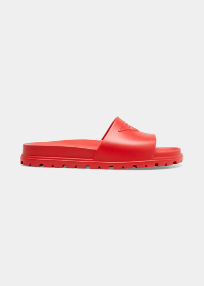 Shop Prada Men's Triangle Logo Rubber Slides In Rosso