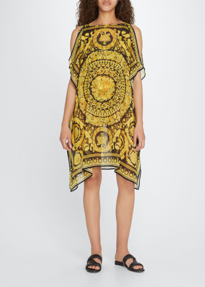 Shop Versace Barocco-print Silk Kaftan Coverup In Black Gold