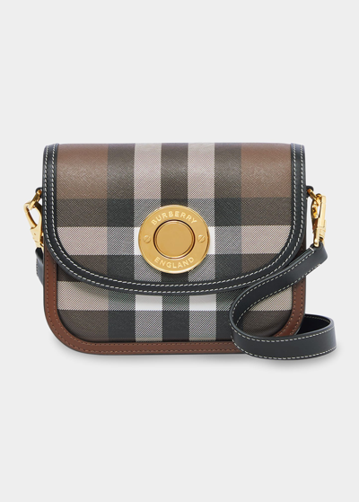 Shop Burberry Small Note Check Canvas Crossbody Bag In Dark Birch Brown