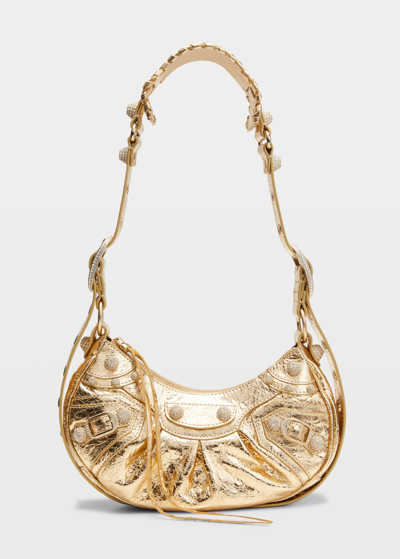 Shop Balenciaga Le Cagole Xs Metallic Strass Shoulder Bag In 8006 Light Gold