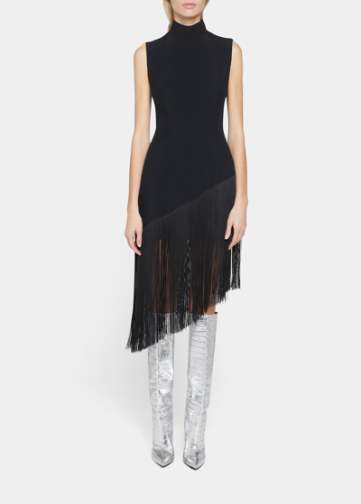 Shop Andrew Gn Asymmetric Fringe-hem Midi Dress In Black