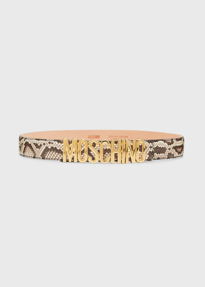 Shop Moschino Men's Python Print Leather Logo Belt In Beige