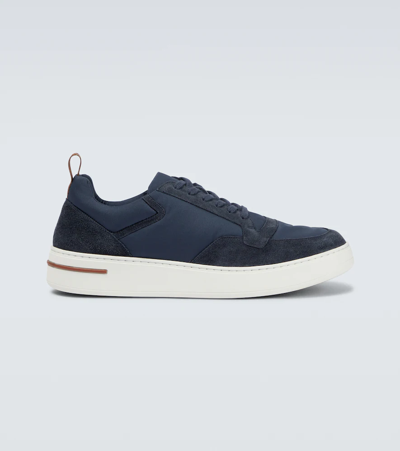 Shop Loro Piana Newport Walk Suede-trimmed Sneakers In Blue Navy
