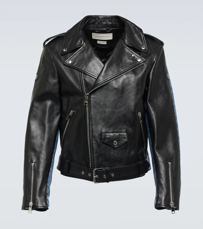 Shop Alexander Mcqueen Leather Biker Jacket In Black/indigo/silver