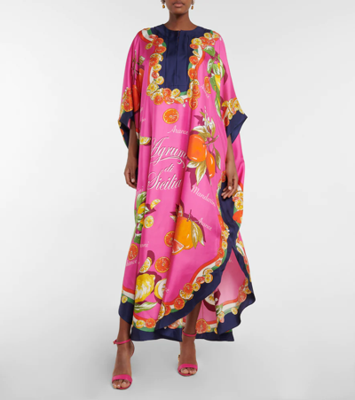 Shop Dolce & Gabbana Printed Silk Twill Kaftan In Agrumi Fdo.fucsia