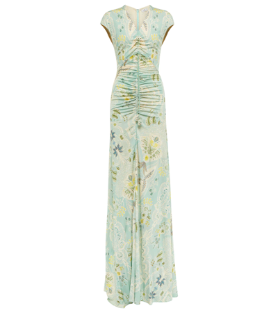Shop Etro Ruched Floral Maxi Dress In Azzurro