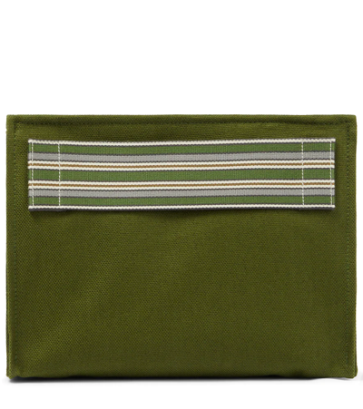 Shop Loro Piana The Suitcase Stripe Canvas Pouch In Matcha Powder/saddle Brown