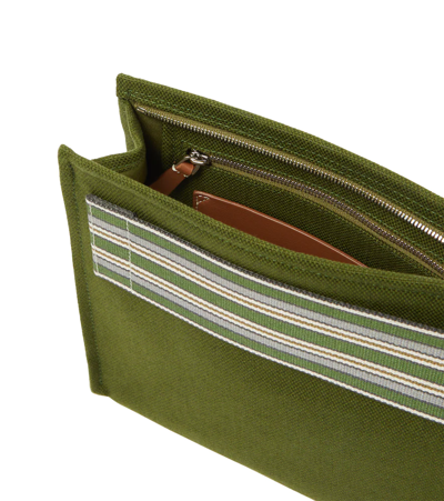 Shop Loro Piana The Suitcase Stripe Canvas Pouch In Matcha Powder/saddle Brown