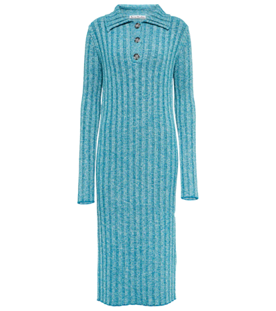 Shop Acne Studios Ribbed-knit Wool-blend Midi Dress In Grey/turqouise