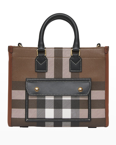 Shop Burberry Freya E-canvas Check Tote Bag In Dark Birch