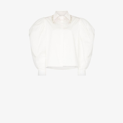Shop Anouki White Crystal Fringe Balloon Sleeve Shirt