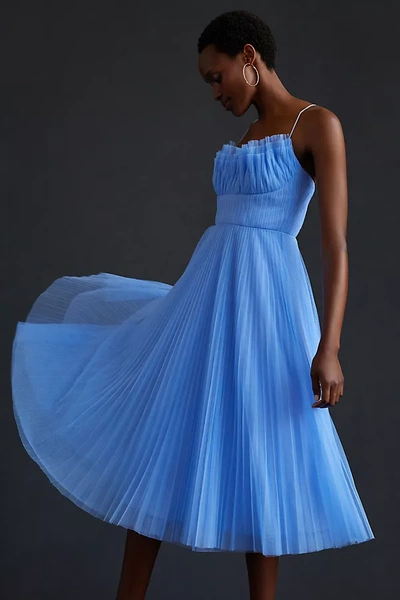 Shop ml Monique Lhuillier Squareneck Tulle Midi Dress In Blue