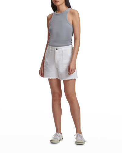 Shop Jen7 Mid Rise Frayed Jean Shorts In Clean White