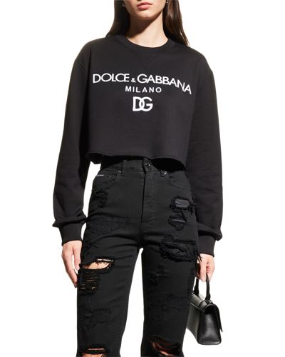Shop Dolce & Gabbana Logo Raw Cut Crop Sweatshirt In Black