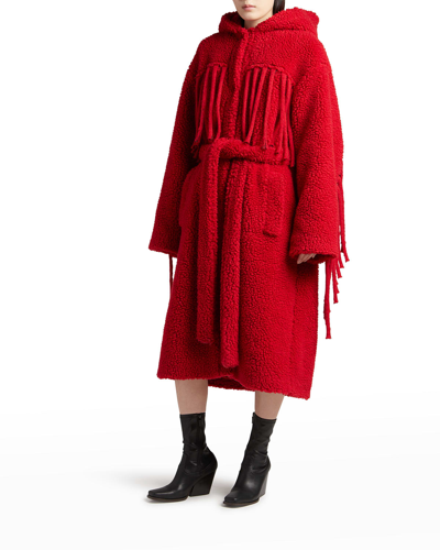 Shop Stella Mccartney Fringe-trim Belted Long Teddy Coat In 6504 Red