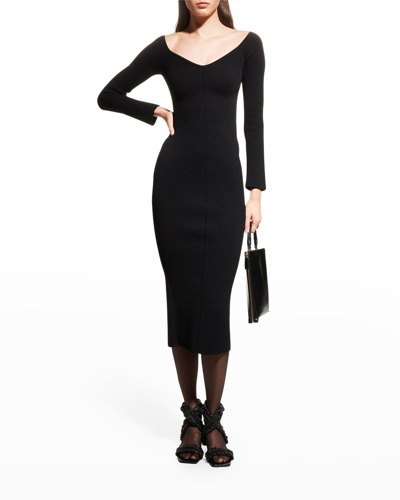 Shop Khaite Pia Off-the-shoulder Rib Midi Dress In Black