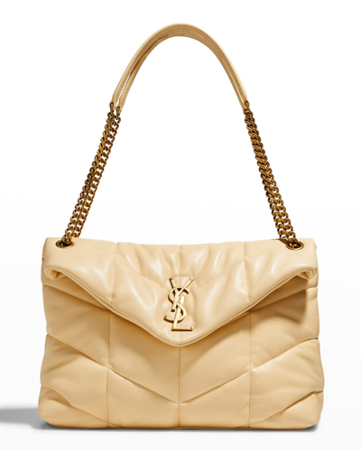 Shop Saint Laurent Loulou Puffer Medium Ysl Flap Shoulder Bag In Neutrals