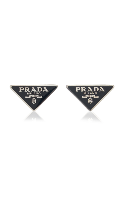 Shop Prada Enameled Sterling Silver Earrings In Black