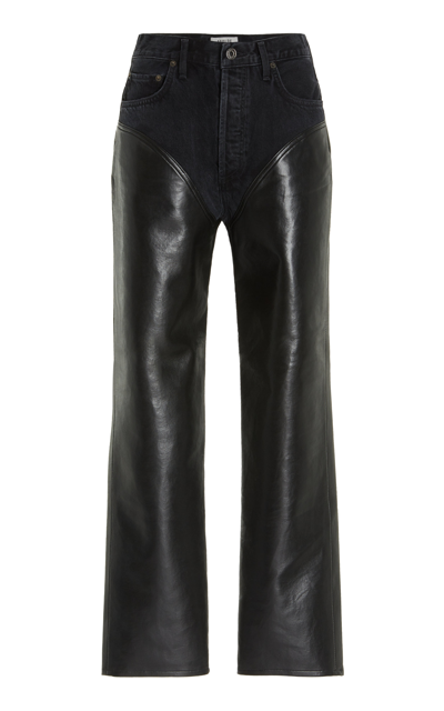 Shop Agolde Harley Leather-paneled Rigid High-rise Straight-leg Jeans In Black