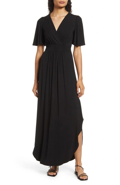 Shop Fraiche By J Flutter Sleeve Jersey Maxi Dress In Black