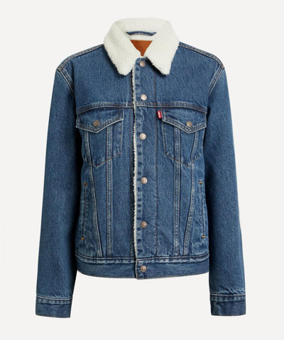 Levi's Blue Ex-boyfriend Sherpa Trucker Denim Jacket In Rough And Tumbe