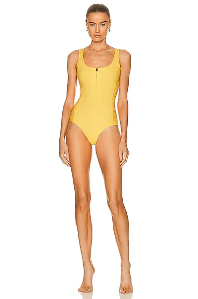 Shop Moncler Half Zip Swimsuit In Yellow