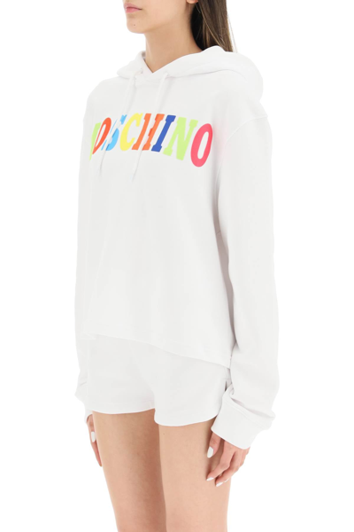 Shop Moschino Multicolor Logo Hoodie In White