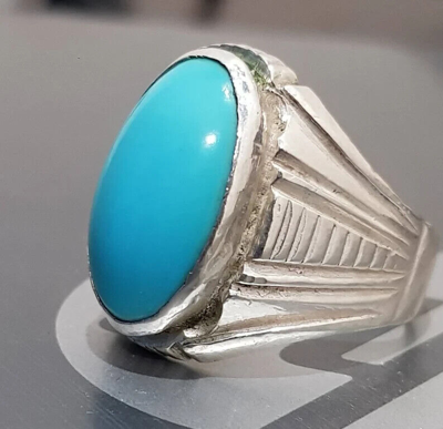 Pre-owned Handmade Mens  Ring, Turquoise Men Silver Ring, Oval Gemstone Ring, Modern Gift In Blue