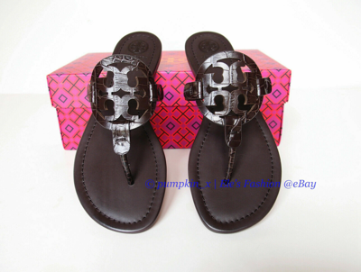Pre-owned Tory Burch Miller Croc Logo Leather Sandals Brown 6.5 7 7.5 8 8.5 Authentic In Ivory