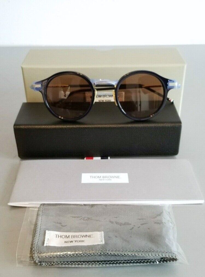 Pre-owned Thom Browne 807 D-t-nvy-gld Sunglasses Navy 18kt Gold W/ Brown Lenses 45m