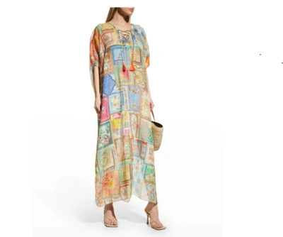 Pre-owned Johnny Was Bella Lace Up Short Cape Sleeves Maxi Kaftan Dress Multi L/xl In Blue