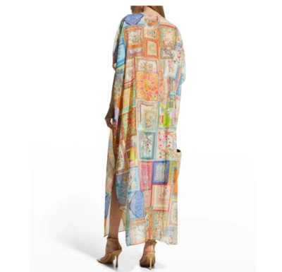 Pre-owned Johnny Was Bella Lace Up Short Cape Sleeves Maxi Kaftan Dress Multi L/xl In Blue