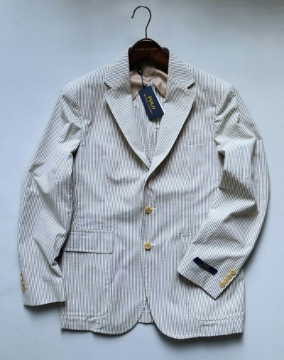 Pre-owned Polo Ralph Lauren $498  3-button Seersucker Mens Striped Grey Sport Suit Jacket In Gray