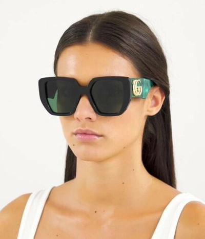 Pre-owned Gucci Sunglasses Gg0956s 001 Black Gold Green Lens Square Woman Authentic