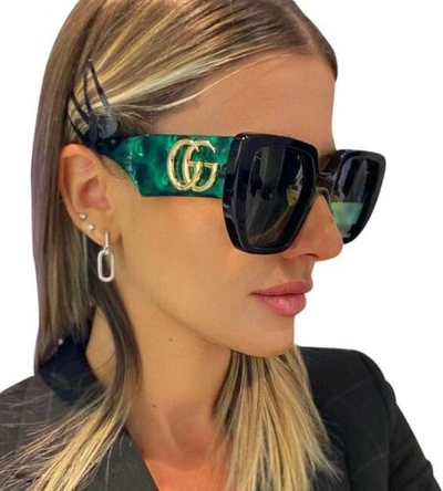 Pre-owned Gucci Sunglasses Gg0956s 001 Black Gold Green Lens Square Woman Authentic