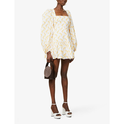 Shop Caroline Constas Julian Floral-print Cotton-blend Mini Dress In Yellow Vacation Floral