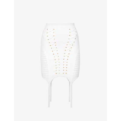 Shop Balmain Slim-fit Lace-up Knitted Mini Skirt In Blanc