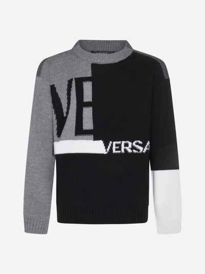 Shop Versace Logo Color-block Wool Sweater