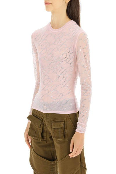 Shop Blumarine Tulle Top With Crystal Monogram In Pink