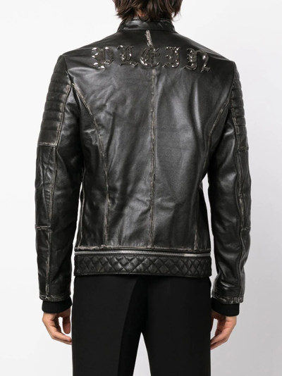 Shop Philipp Plein Logo-plaque Leather Biker Jacket In Schwarz