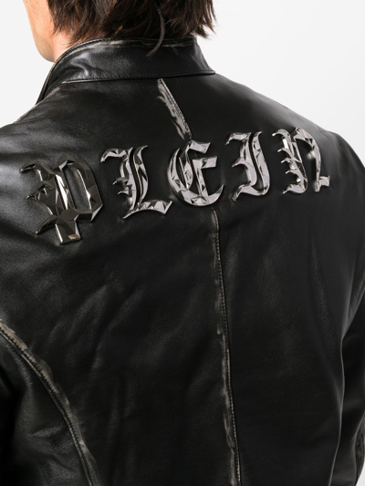 Shop Philipp Plein Logo-plaque Leather Biker Jacket In Schwarz